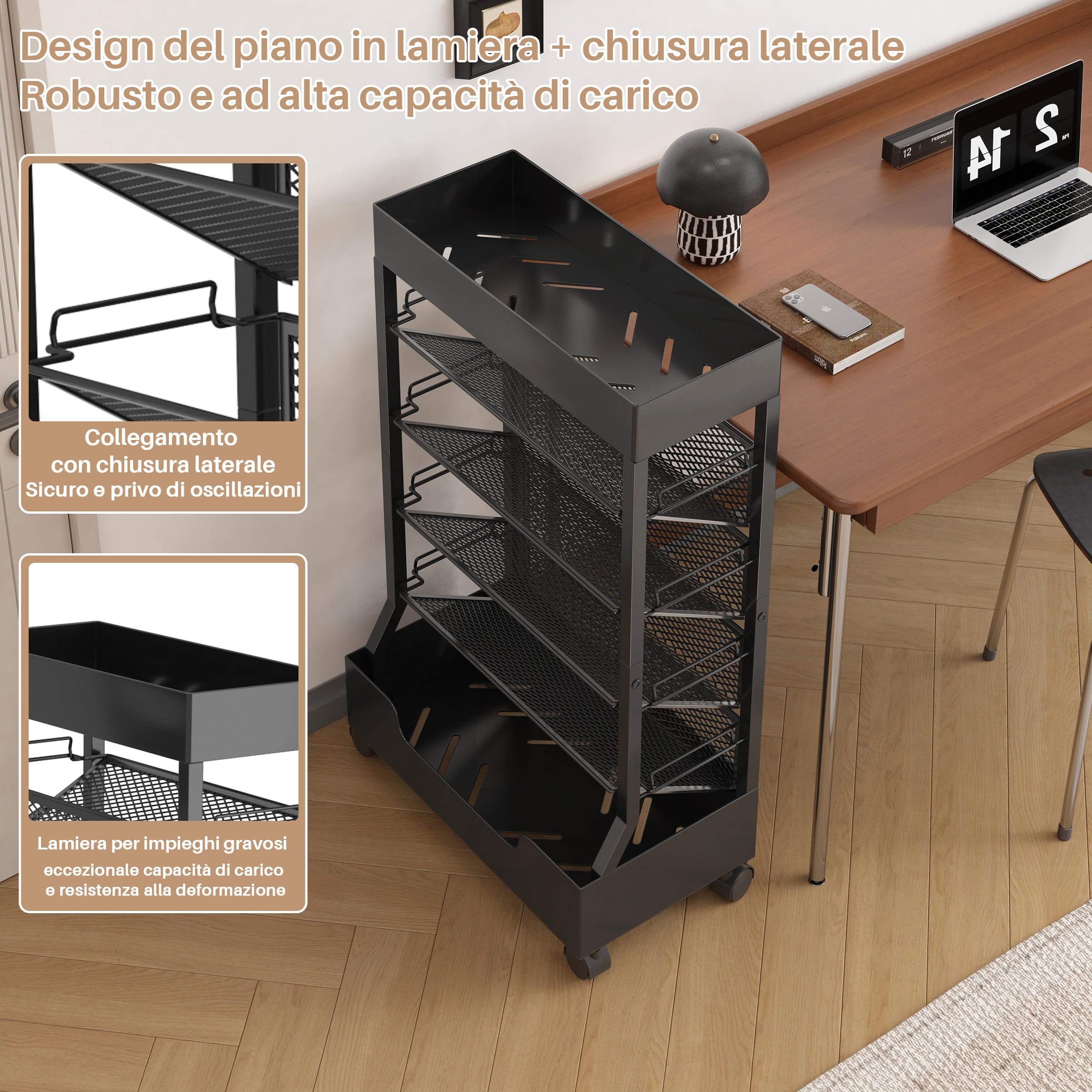 Scaffale Mobile Per Libri con Ruote, Organizer da Scrivania, Scaffale da Ufficio, Carrello per Libri, Portariviste, Grande Capienza – Nero.