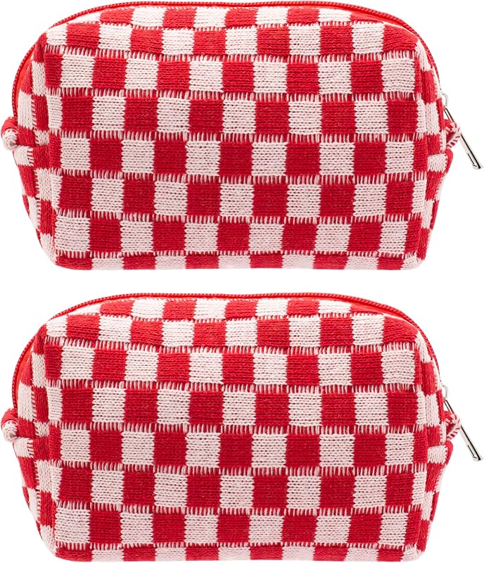 Necessaire de maquiagem xadrez PAZIMIIK, vermelha, Pacote com 2