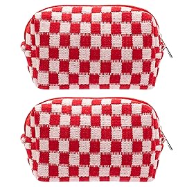 PAZIMIIK Checkered Makeup Bag for Purse Portable Zipper Make Up Pouch Small Cosmetic Case for Travel Accessories (2PCS Red)