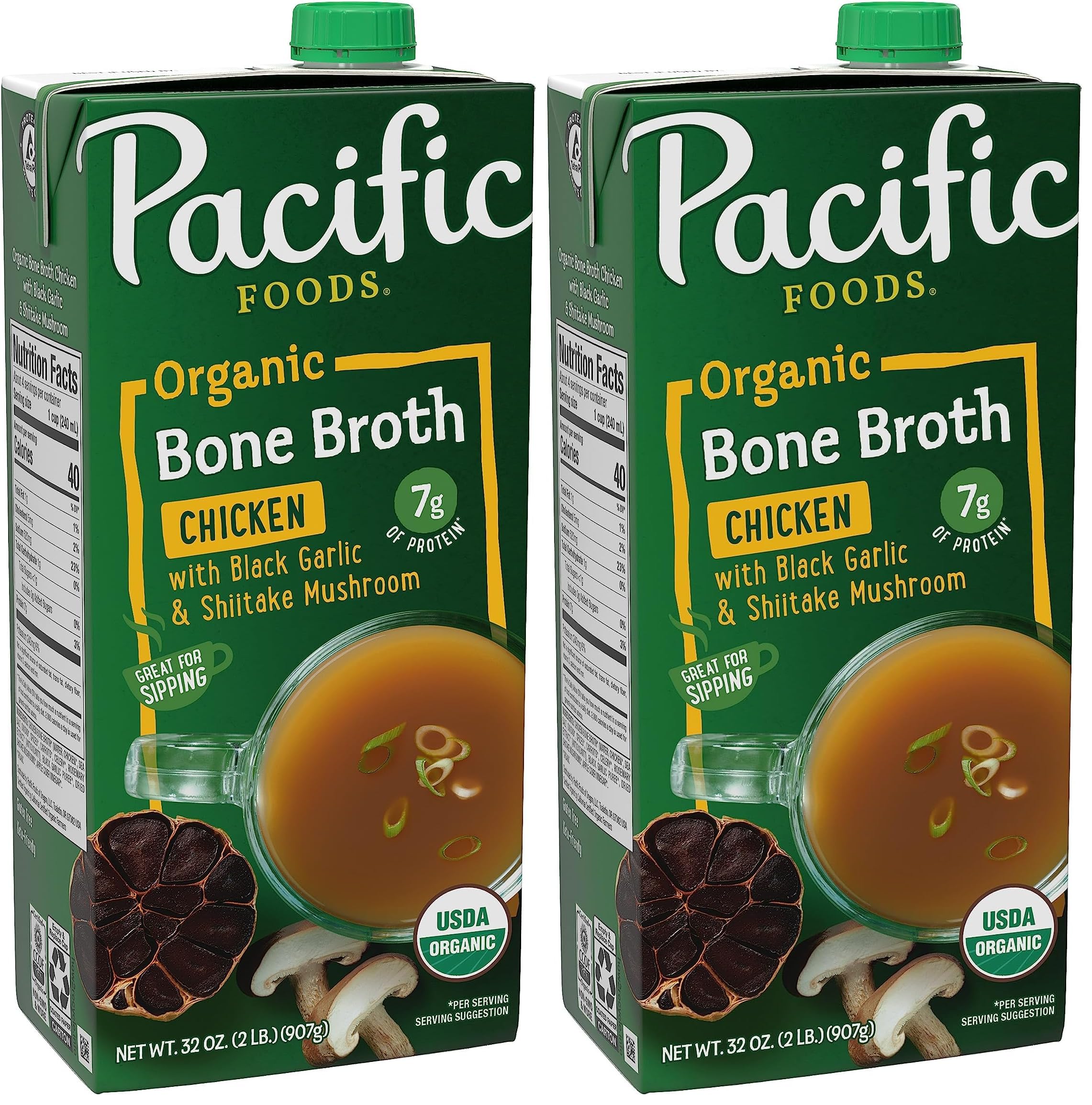Pacific Foods Organic Chicken Bone Broth With Black Garlic & Shiitake Mushroom, 32 oz Carton (Pack of 2)