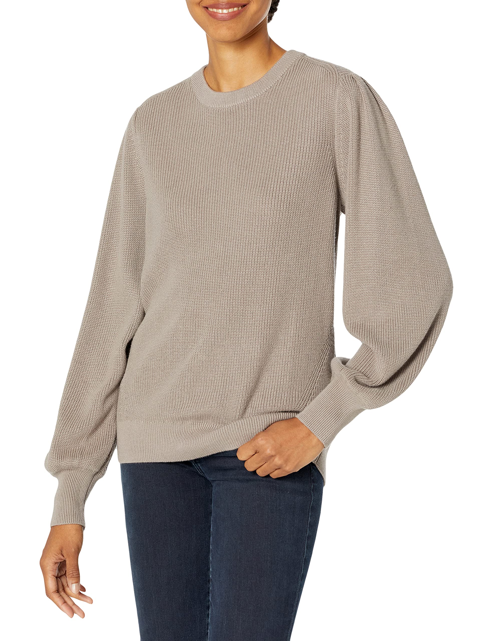 Cable Stitch Women's Blouson Sleeve Crewneck Sweater - Long Sleeve Puff Shoulder Ribbed Shaker Stitch Solid Color Top