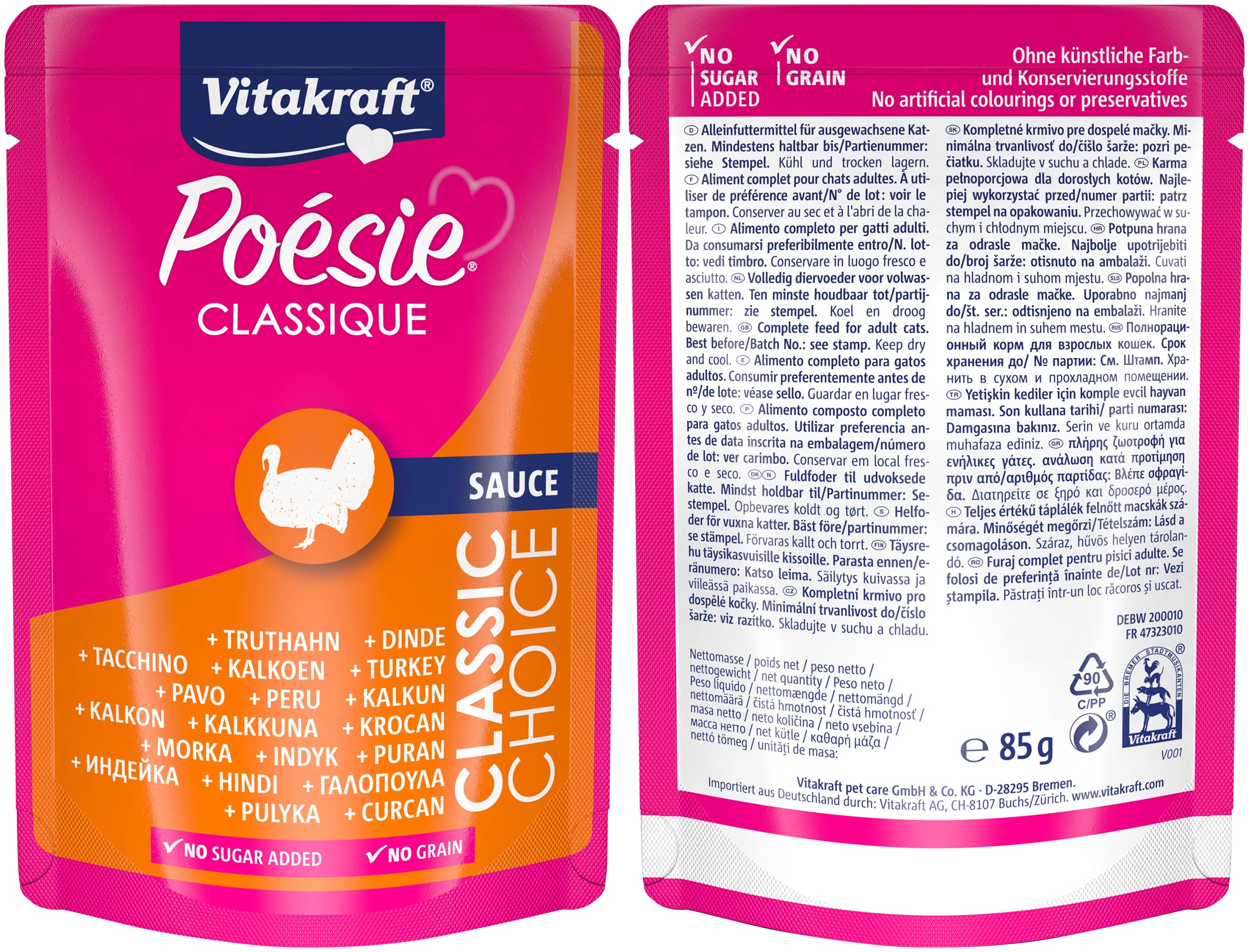 Vitakraft Poésie Classique, karma dla kotów mokra, w opakowaniu zbiorczym, z kurczakiem, indykiem i wołowiną, z łososiem ze znakiem MSC, bez dodatku cukru i zbóż, wielkość zapasowa (1 opakowanie po 12