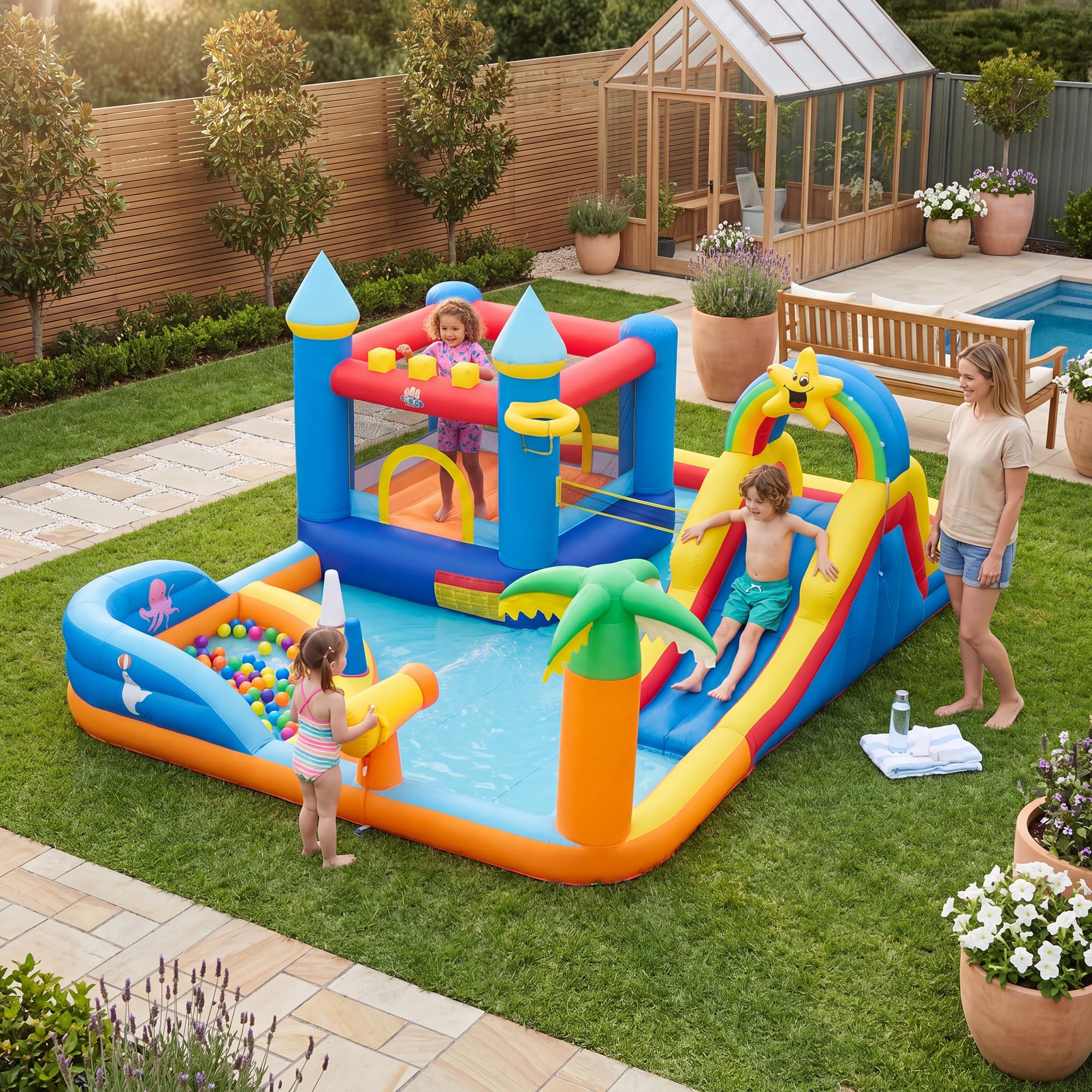 GIANTEX Castello Gonfiabile per Bambini 3+ Anni, Grande Parco Acquatico, in Tessuto Oxford, 2 Piscine, Scivolo, Trampolino, Parete da Arrampicata, Palle, Borsa da Trasporto, per Esterno, Interno