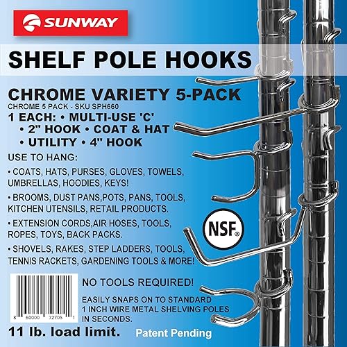 Miniatura 7 de Paquete de 5 ganchos para poste de estante  Paquete variado cromado  Ganchos fijables para estantes de metro, metal o alambre de 1 pulgada