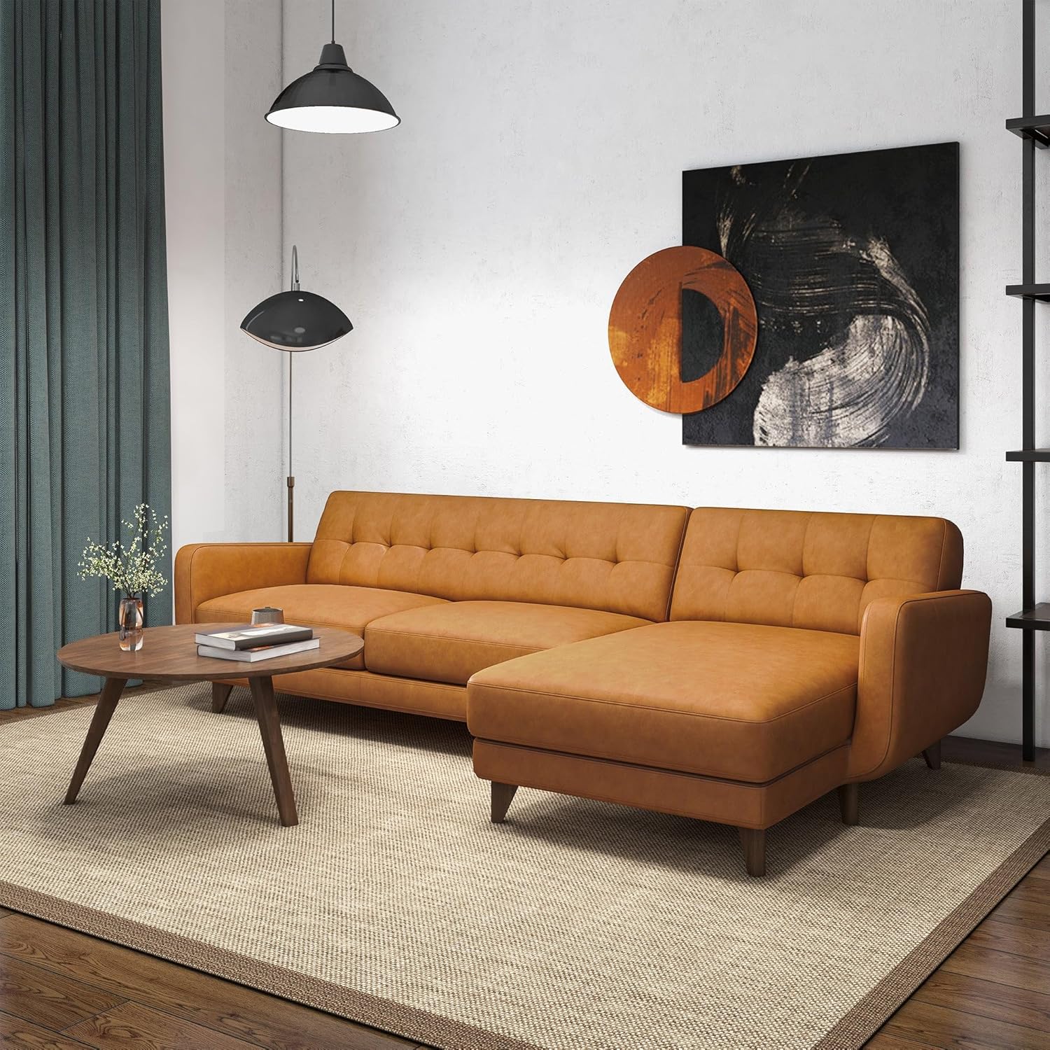 113" Modern Style 3 Seat Right-Facing L-Shape Tan Leather Sectional Sofa,Sectional Couch