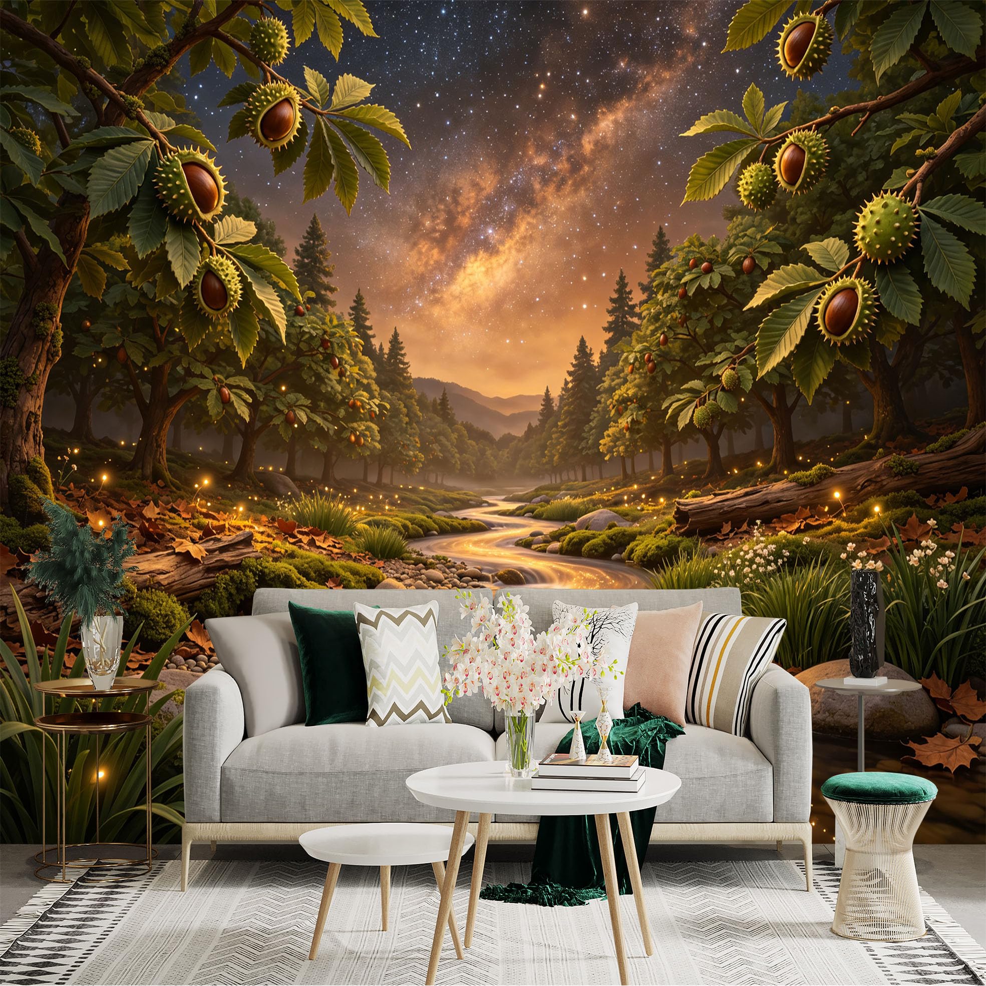 Lnzczhyre Bh260719477 Custom Size Wall Sticker Mural， Enchanted Chestnut Forest， Milky Way Galaxy， Glowing Creek， Floral Landscape， For Wall Decoration， Peelandstick Wall Decals.