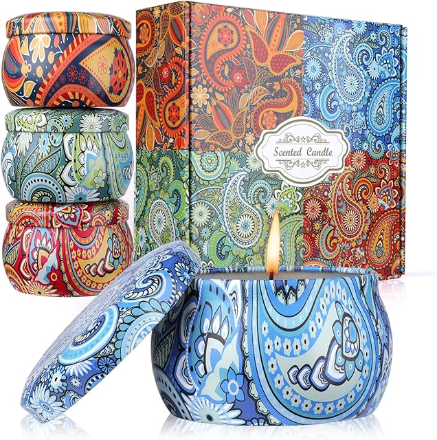 Scented Candles Gifts for Women, 4Pcs 5.65OZ Natural Soy Wax Long Lasting Portable Travel Tin Aromatherapy Candles Set, Valentines Gifts for Her, Birthday Gifts for Women