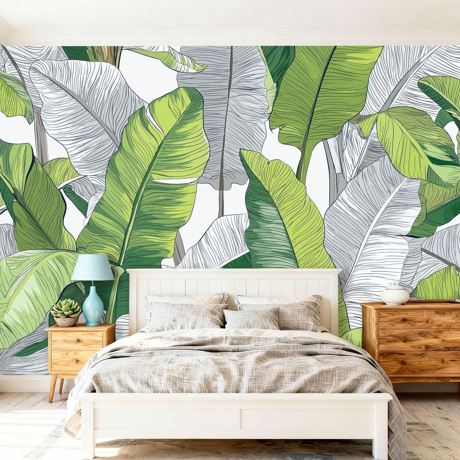 Fototapeta 300 x 210 cm ściany dekoracja salonu tropikalny design do sypialni salonu tapeta z włókniny, ręcznie rysowane zielone liście bananowe liście