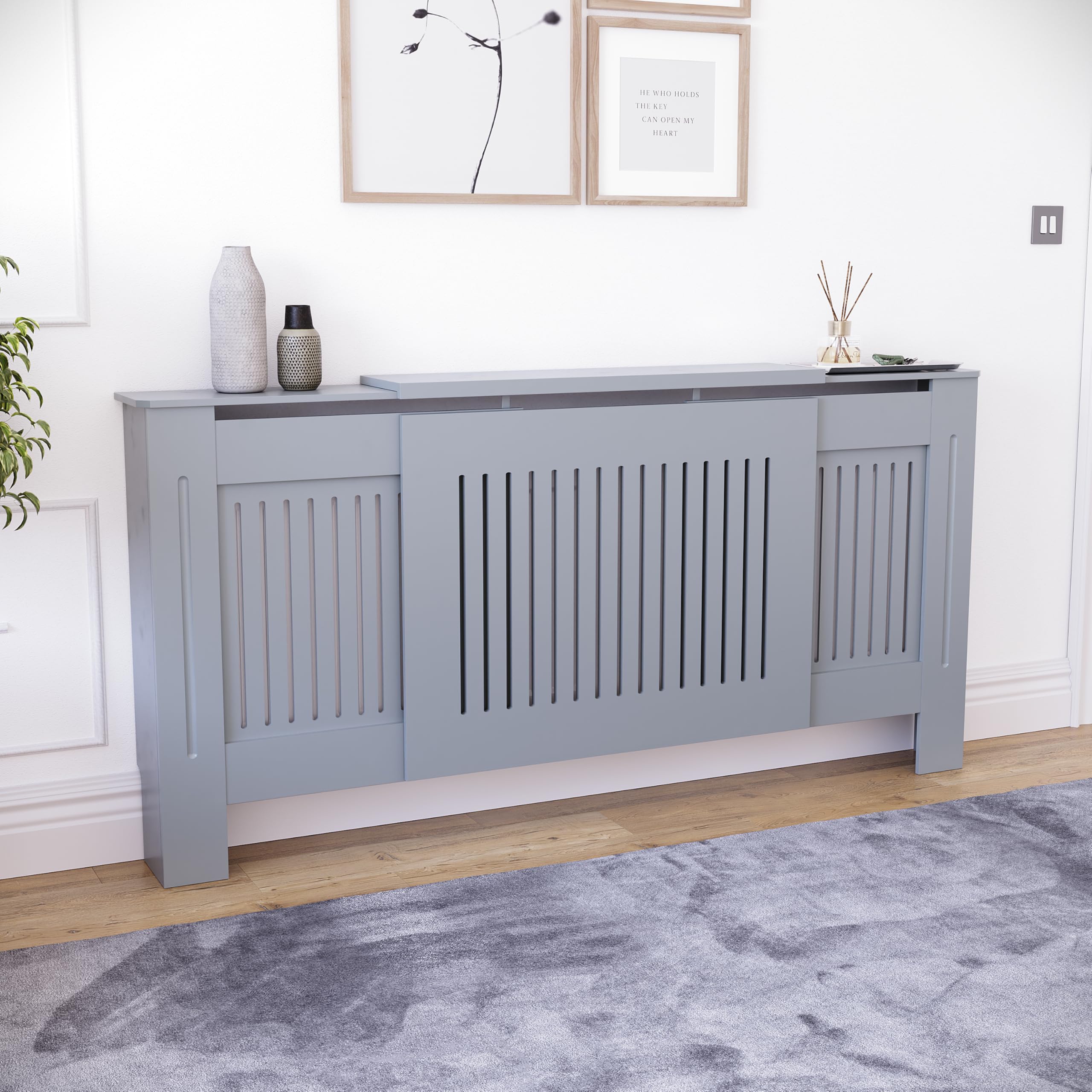 Vida Designs Chelsea Radiator Cover Grey - Adjustable - Modern Vertical Slat Design For Optimal Heat Circulation - H82xW140-204xD20.5cm - Painted MDF Cabinet Ideal For Living Room & Hallway