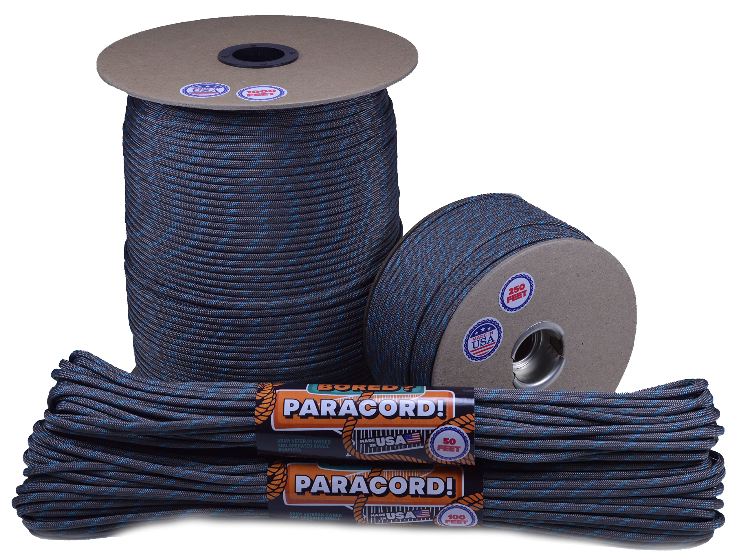 Bored Paracord - 1', 10', 25', 50', 100' Hanks & 250', 1000' Spools of Parachute 550 Cord Type III 7 Strand Paracord Well Over 300 Colors - Stars and Stripes - 10 Feet - 5