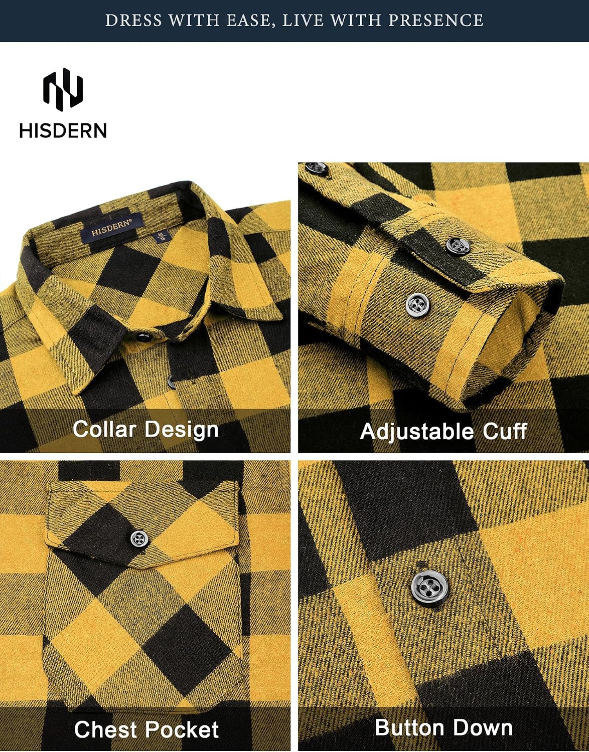 HISDERN Flannel Shirt for Men Long Sleeve Plaid Button Down Shirt,S-4XL