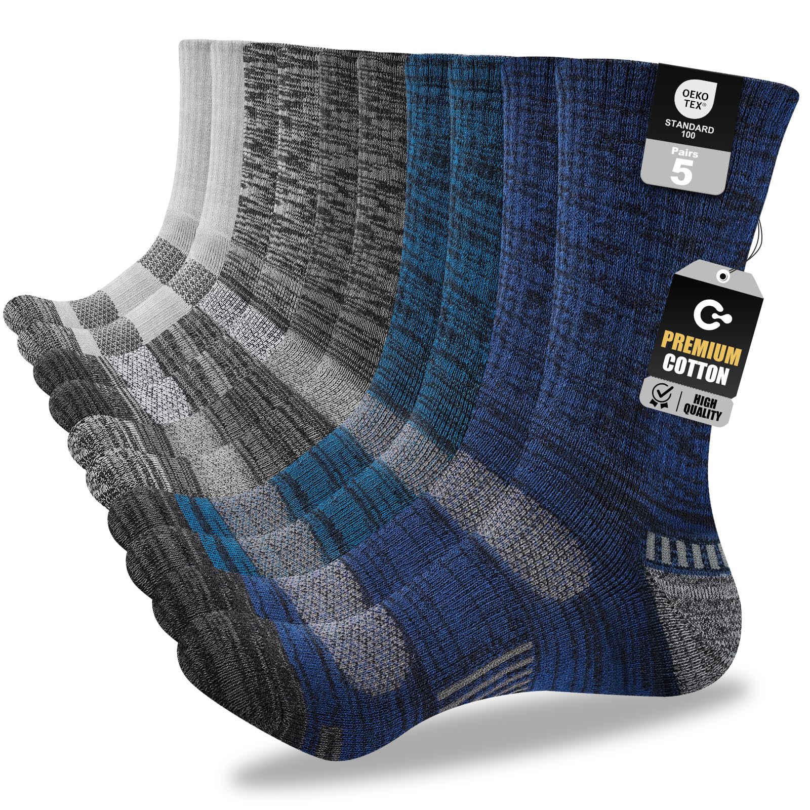 Mens Cotton Boot Crew Socks 5 Pairs Full Cushion Socks Moisture-Wicking Reinforced for Work Hiking Walking Outdoor