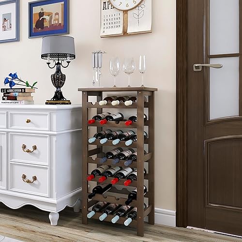 Vista 3 de SMIBUY Estante de bambú para vino, soporte para 28 botellas con mesa, estantes de almacenamiento independientes de 7 niveles para cocina, despensa