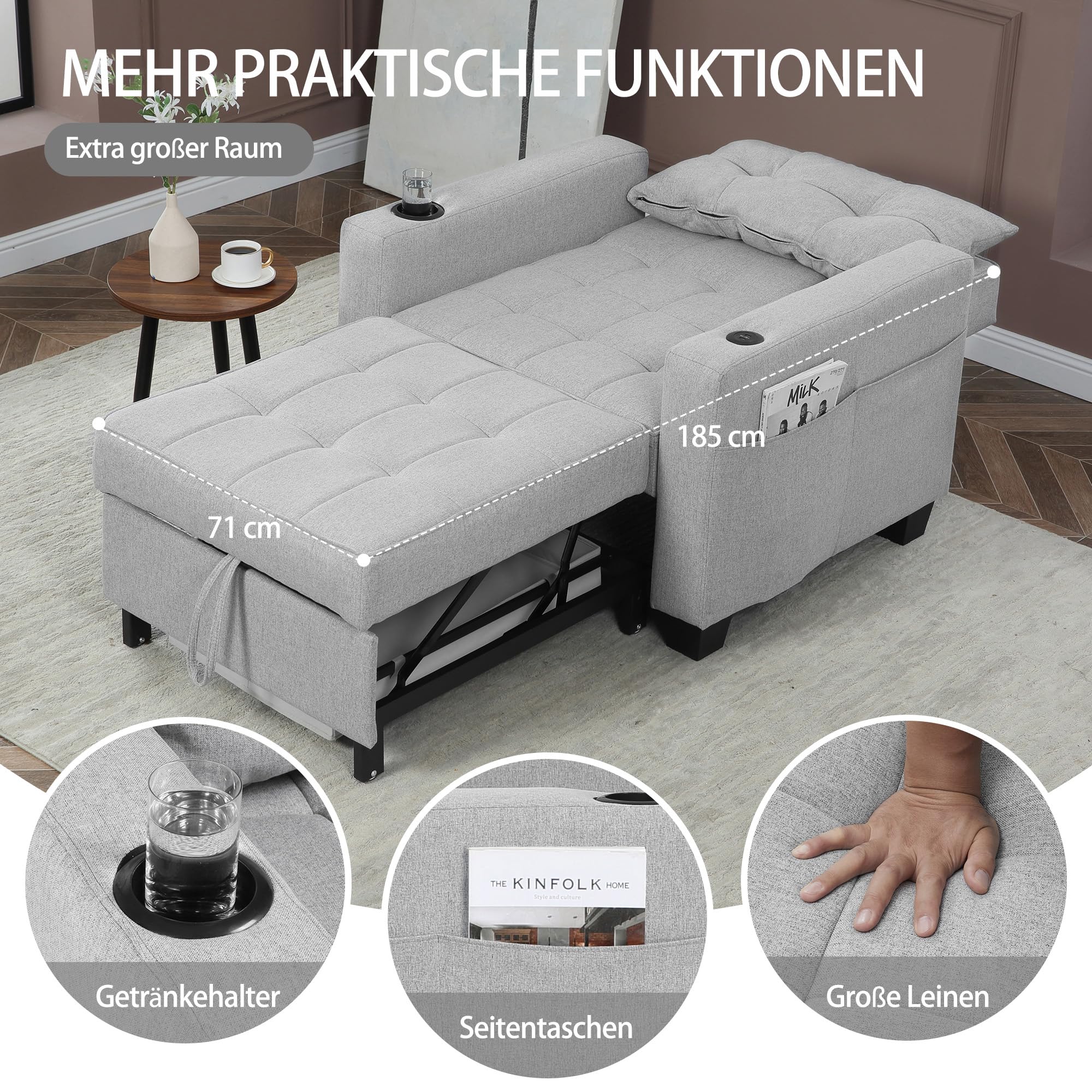 DURASPACE 3-in-1 Schlafsessel Schlafsofa,Verstellbares Schlafsofa