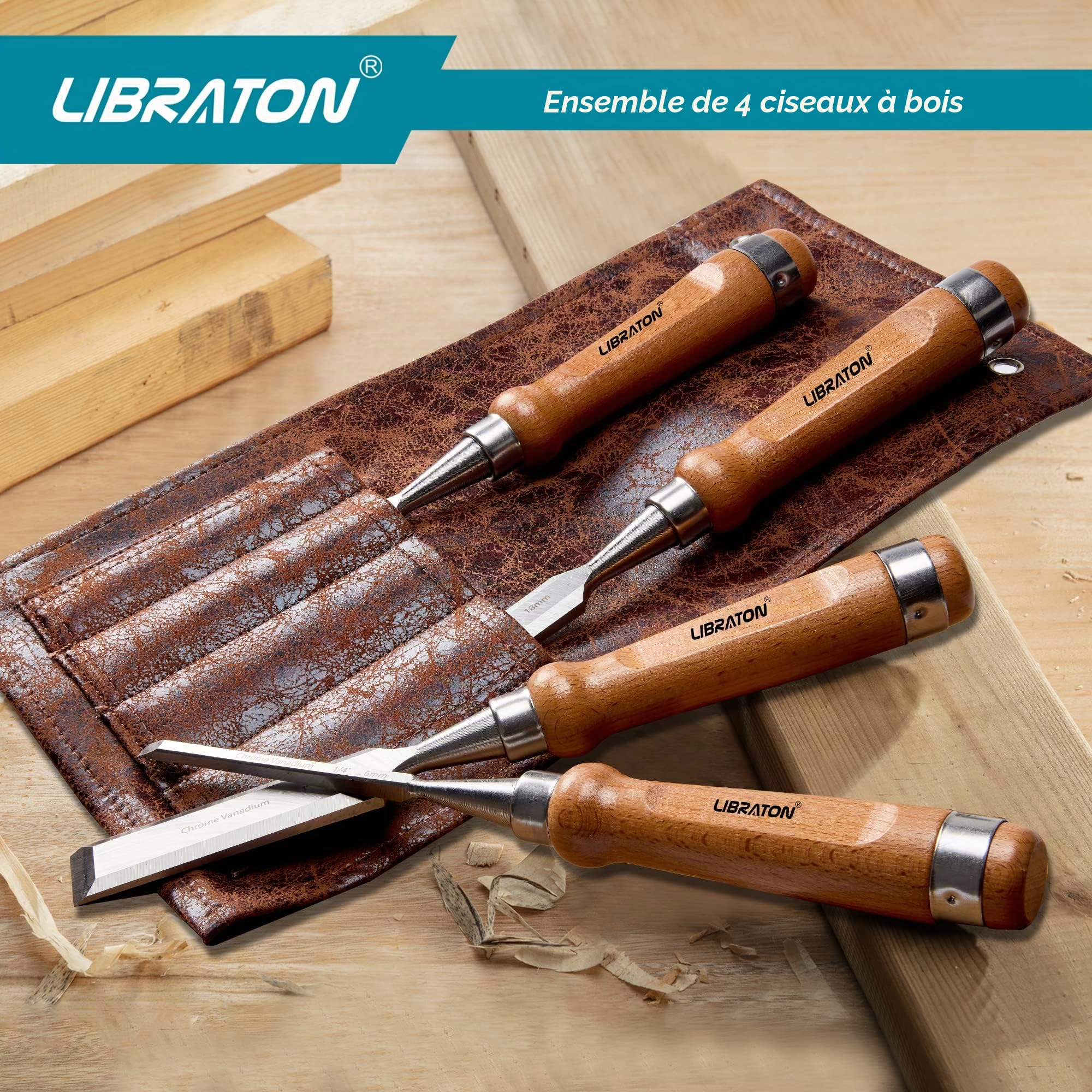 Libraton Professional 4pcs Ensemble de ciseaux à bois Poignées en bois robustes Ensembles de ciseaux Cr-V avec étui en cuir pour le travail du bois, sculpture 6mm, 10mm, 18mm, 25mm