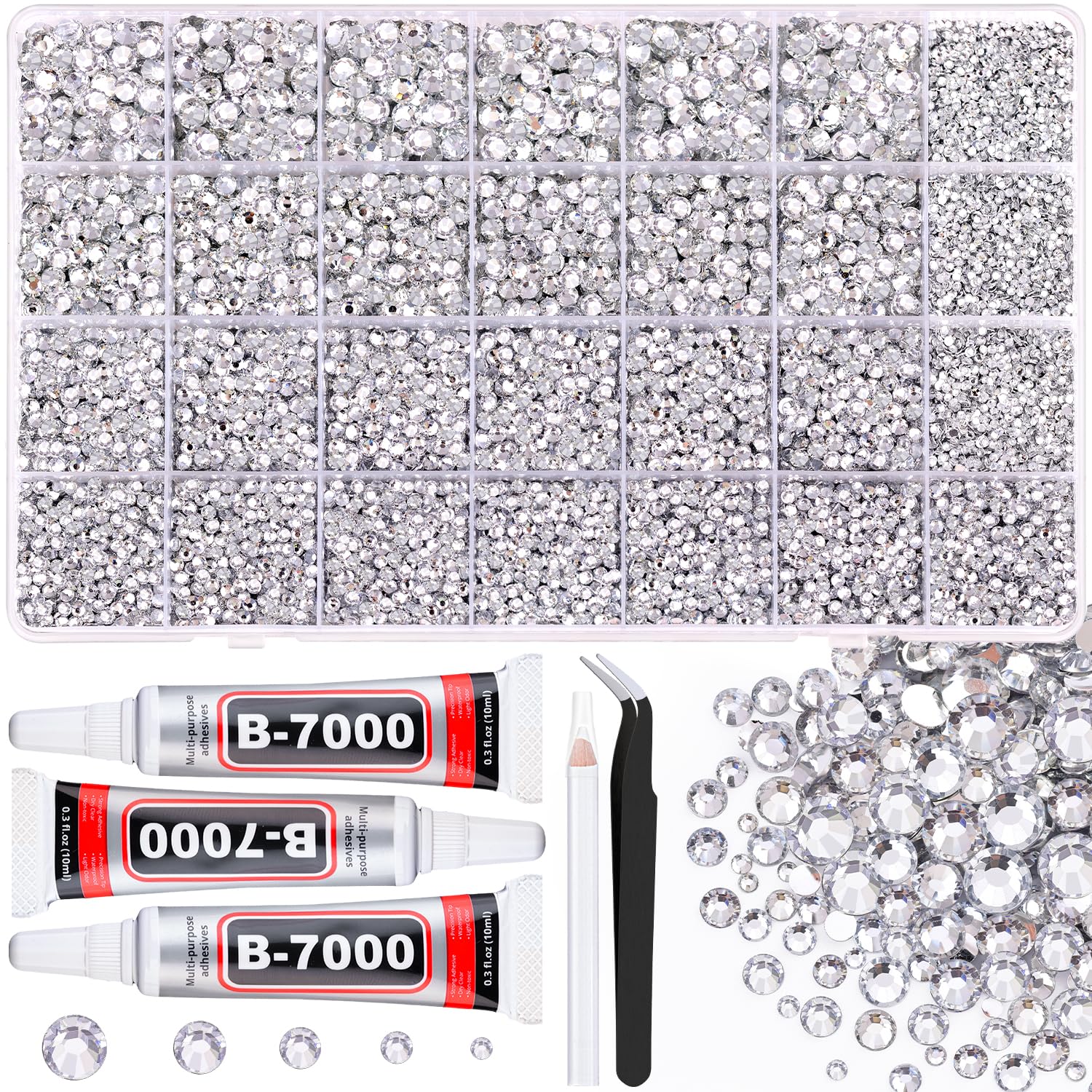 32000Pcs Resin Rhinestones for Bedazzling with 3Pcs B7000 Jewelry Glue, Clear Flatback Gems Rhinestones for Crafting, Clothing Tumblers Mugs Shoes