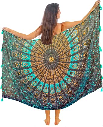 Boho Mandala Pareo Sarong Bikini Cover Up with Tassels – Soft Lightweight Cotton, Large Indian Peacock Print