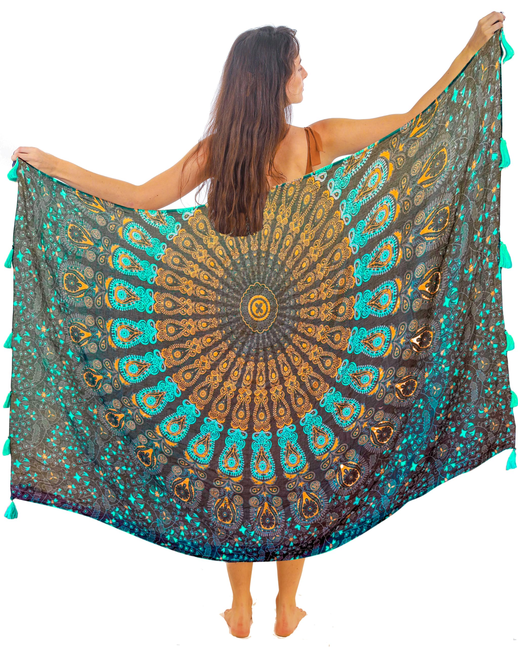 Boho Mandala Pareo Sarong Bikini Cover Up with Tassels – Super Soft Lightweight Cotton, Large Indian Peacock Print, Ruby Mandala Rose