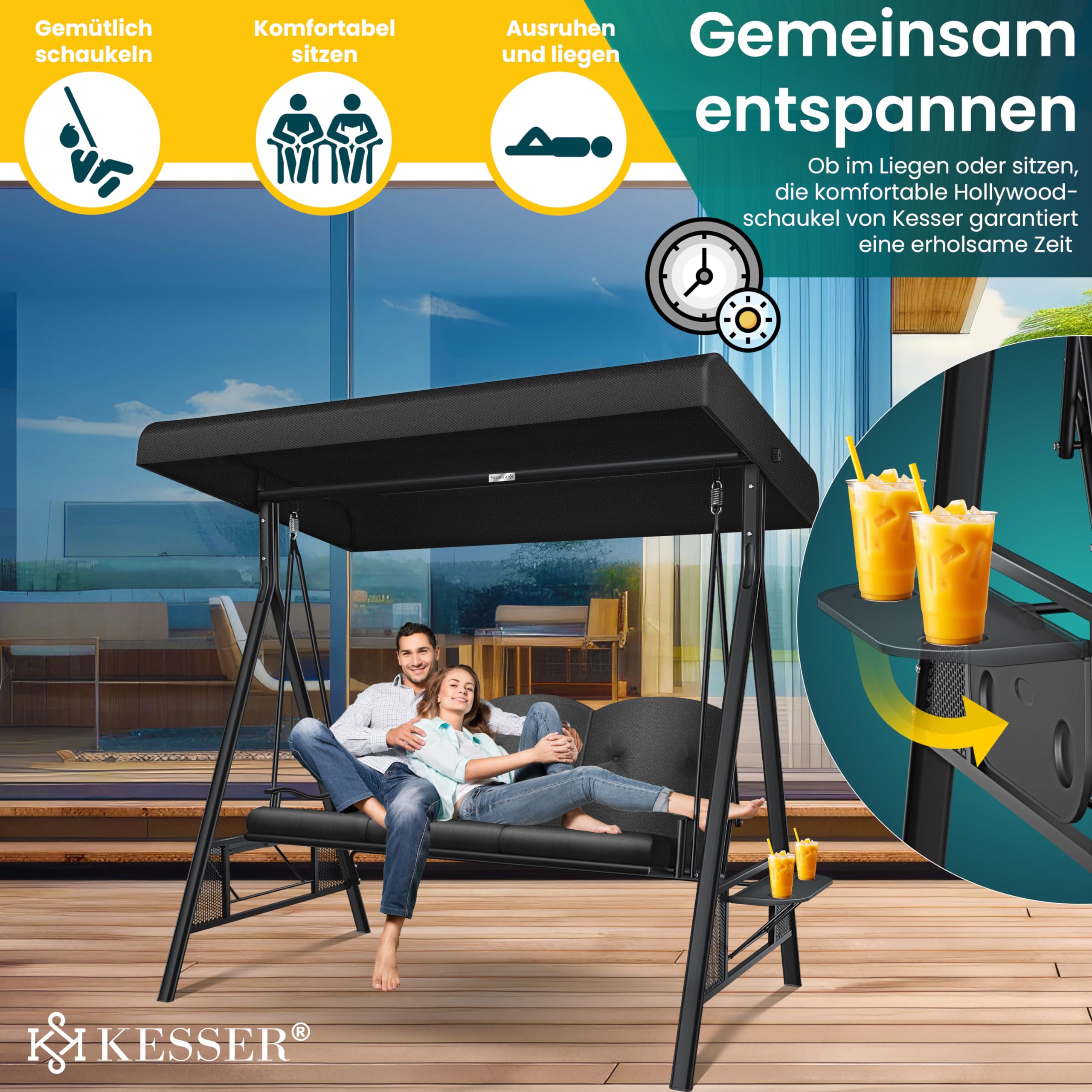 Dondolo Hollywood Per Esterno 3 Posti KESSER - Con Cuscino E Parasole - Portata 360kg - Grigio Chiaro - Foto 9