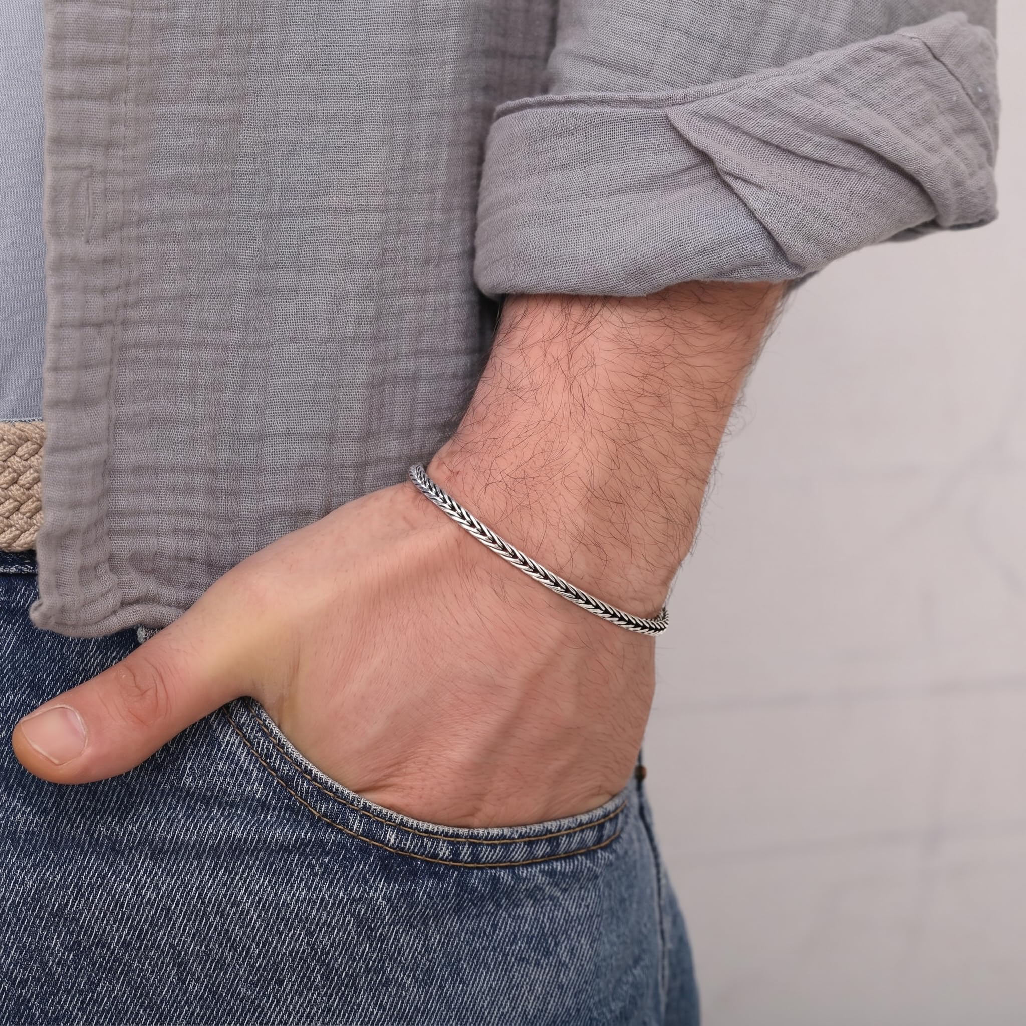 LeCalla Herrenarmband aus massivem 925er Sterlingsilber | Italienische handgefertigte Antik-Box- & geflochtene Fuchsschwanzkette | Biker-Armband | Schmuckgeschenk für Männer | 7,5–9 Zoll