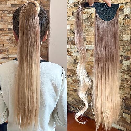 Miniatura 3 de Extensiones de cabello largo con clip para cola de caballo envolvente, para mujeres y niñas, castaño claro, rubio, rojo y morado degradado (lacio de