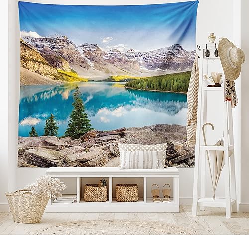 Miniatura 2 de Ambesonne Tapiz de paisaje tamaño King, paisaje de lago y montaña con impresión de roca y cielo de la vida de ensueño, colcha colgante de pared,