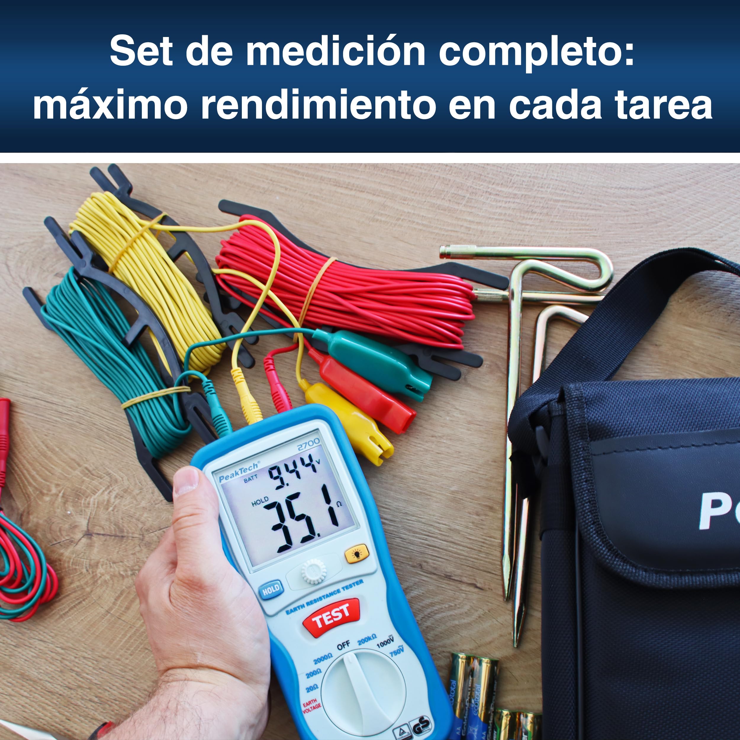 PeakTech 2700 - Probador Digital con Pantalla LCD Doble y 2 Varillas, Resistencia a Tierra, Ac/Dc, Tuv/Gs, Retención de Datos, Desconexión Automática, Puesta a Cero Automática - Cat III 1000 V