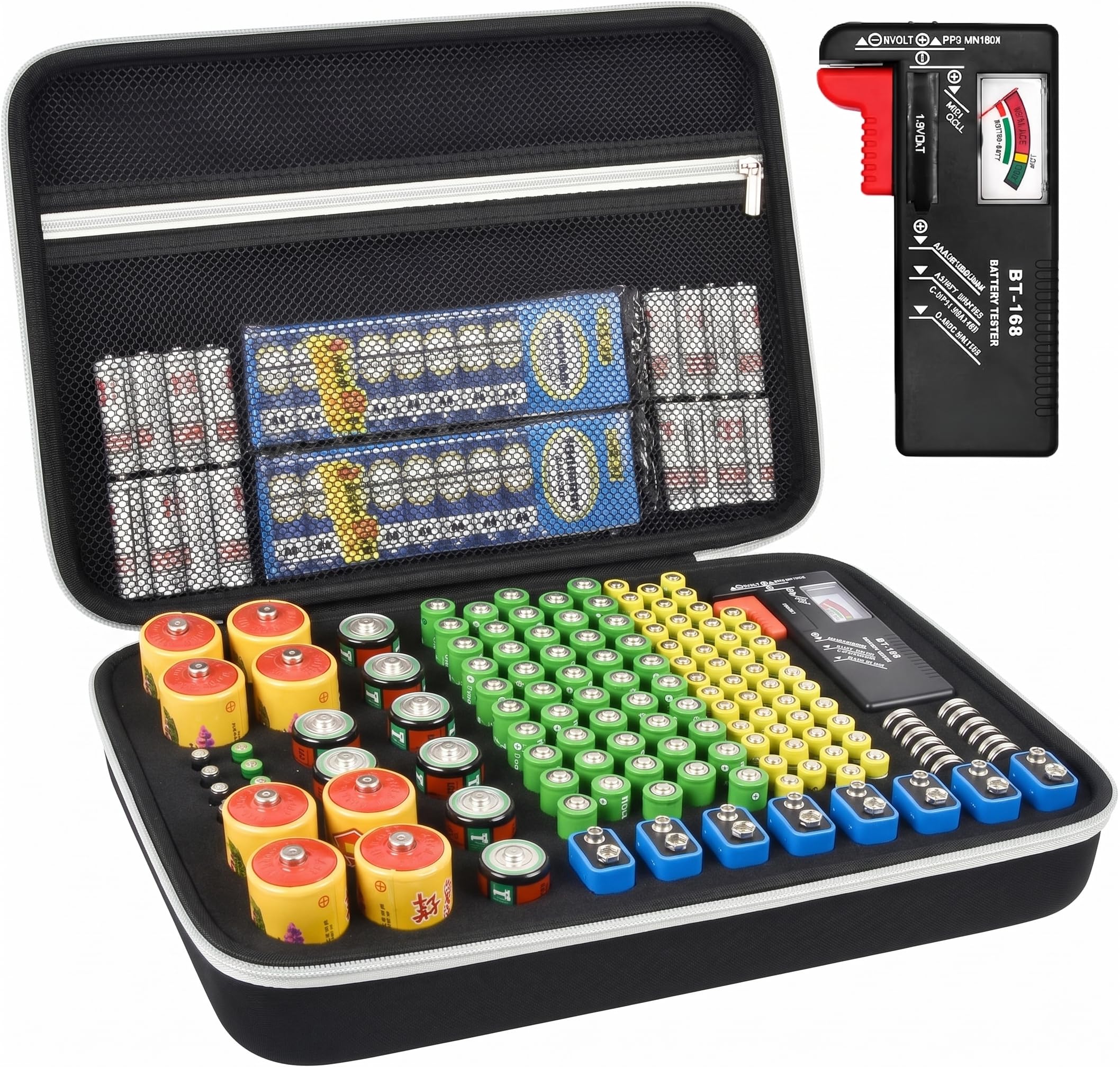 Batteriebox Aufbewahrung Batterien Tasche Case Variety Pack Organizer Batteriekasten mit Tester hält 140+ AA, AAA, C, D, 9V, cr1632, cr2016,Lithium 3V Knopfbatterien Caddy Container (Schwarz)