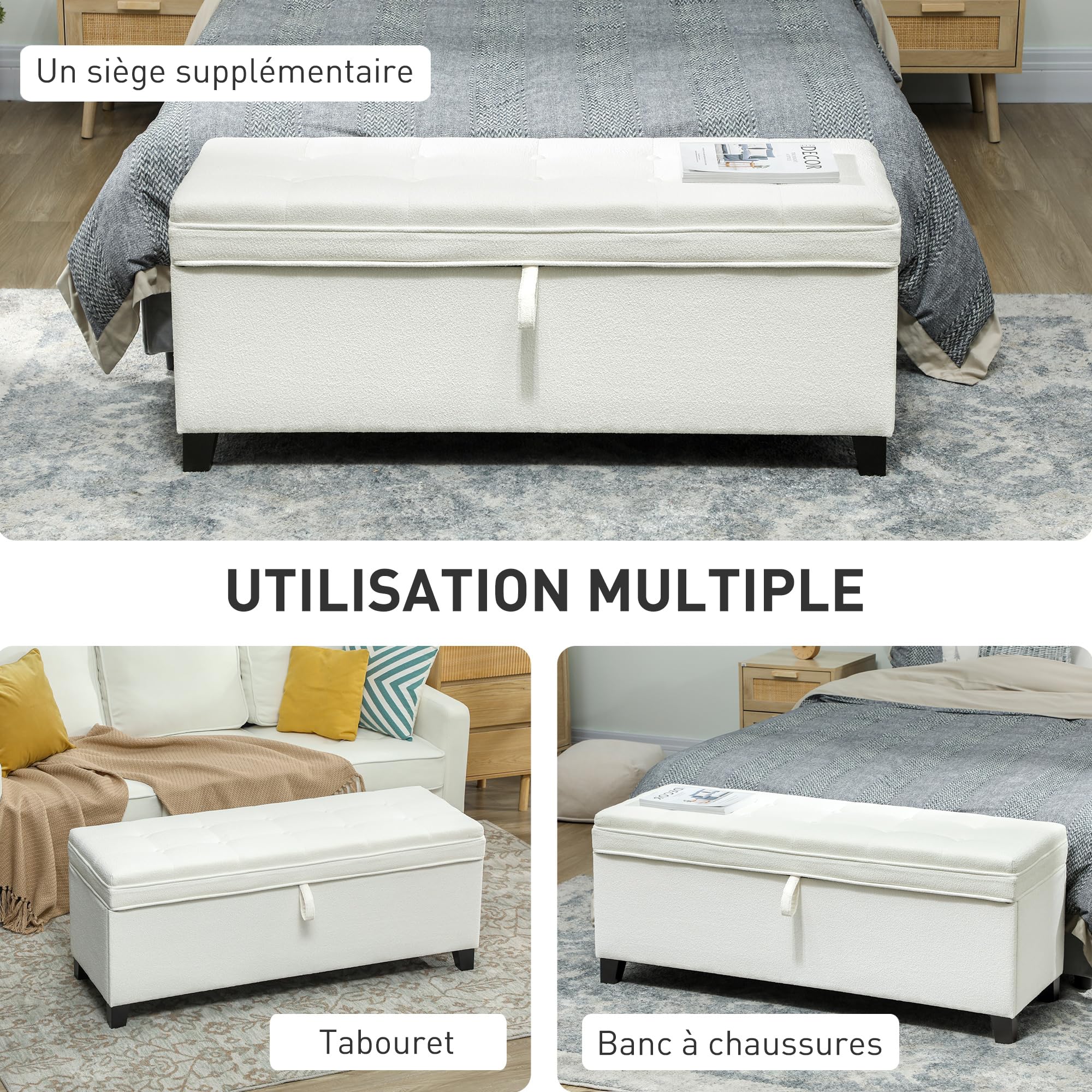 HOMCOM Panca portaoggetti 112L Panca da letto Cassapanca portaoggetti con seduta imbottita, tessuto di lino per soggiorno, camera da letto, ingresso, 120 x 40 x 48 cm, crema