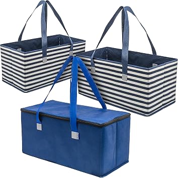 PLANET E Reusable Foldable Grocery Shopping Bags, Heavy Duty Foldable Grocery Bags with Handles, Large Collapsible Box Totes with Reinforced Hard Bottom, Pack of 3, Navy Stripe and Solid