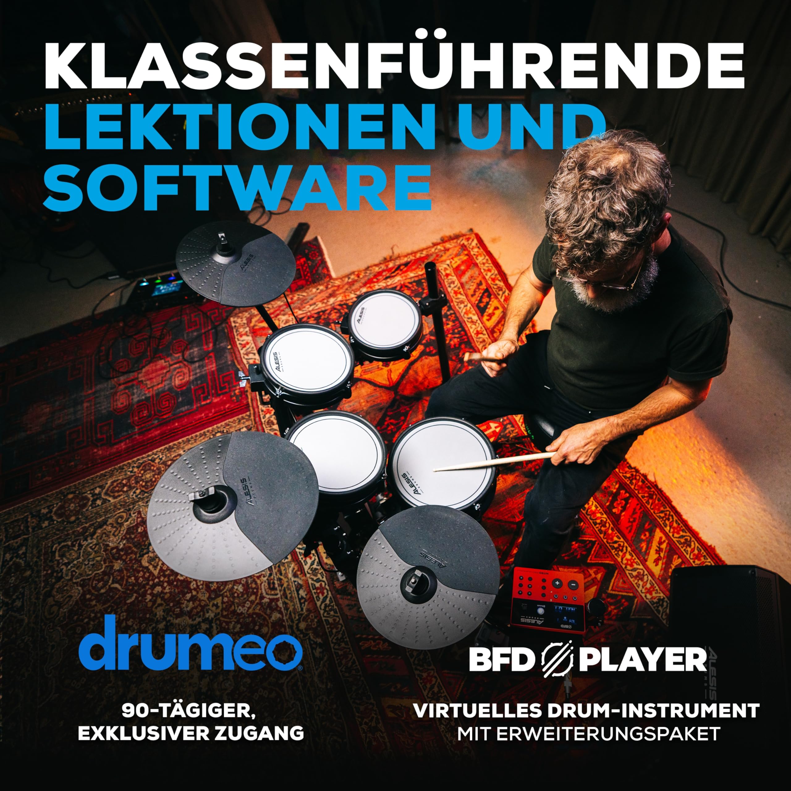 Alesis Nitro Pro Schlagzeug Elektronisch mit leisen Dual Zone Mesh Pads, 500+ authentischen BFD-Sounds, Bluetooth, Drumeo, USB-MIDI, Double Kick kompatibel