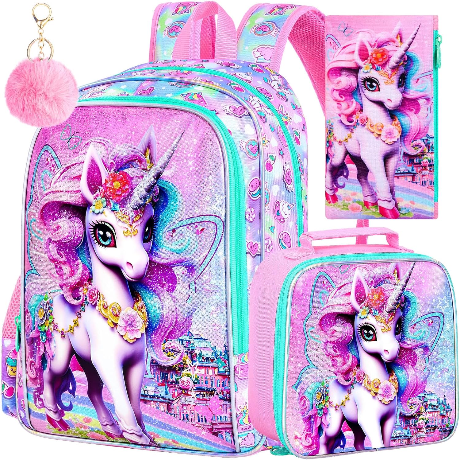 TXHVO 16" Unicorn Backpack 3Pcs School Bookbag for Girls