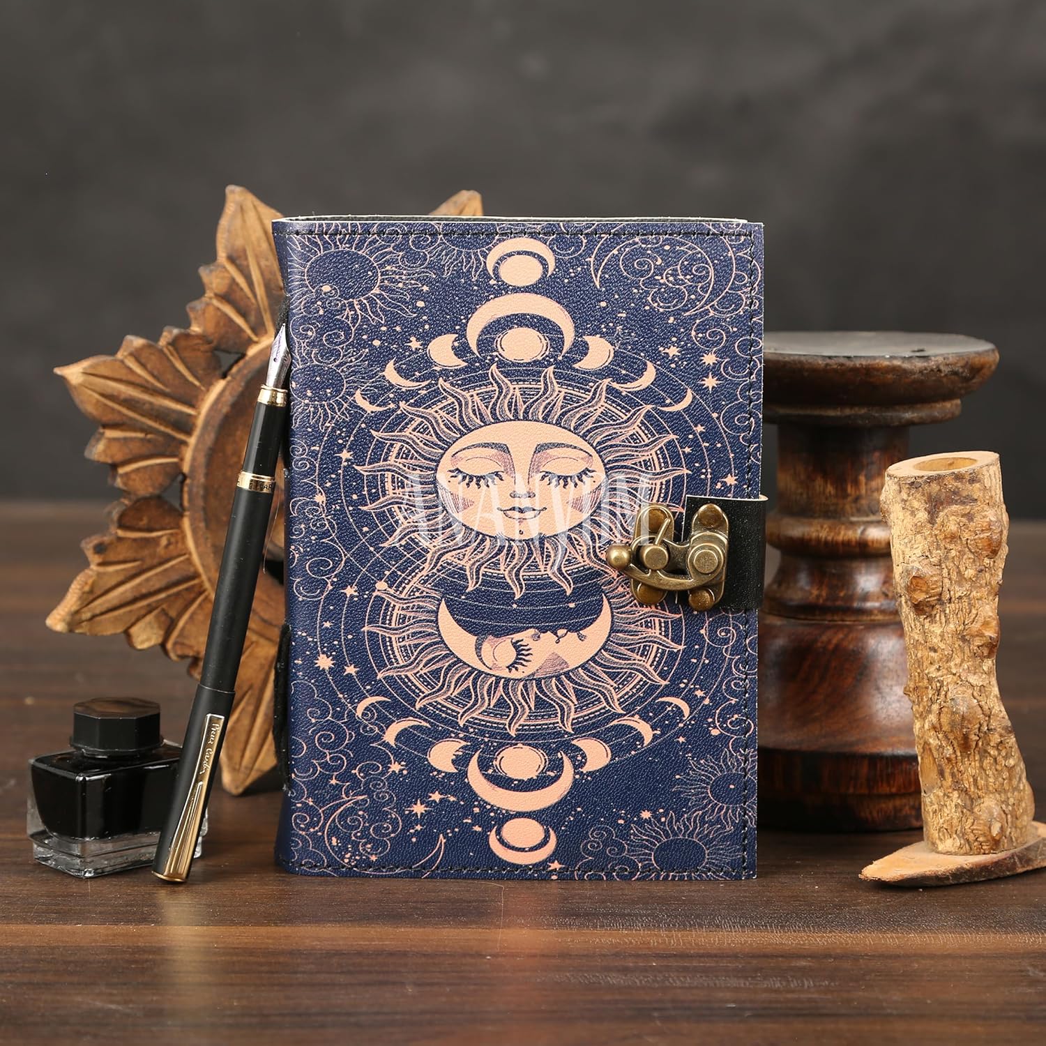 Leather Journal Refillable Notebook 8x6 Inch – Royal Blue Sun & Moon Design | Vintage Writing Journal for Women & Men | 200 Unruled Handmade Pages, Brass Clasp Lock, Genuine Leather Diary