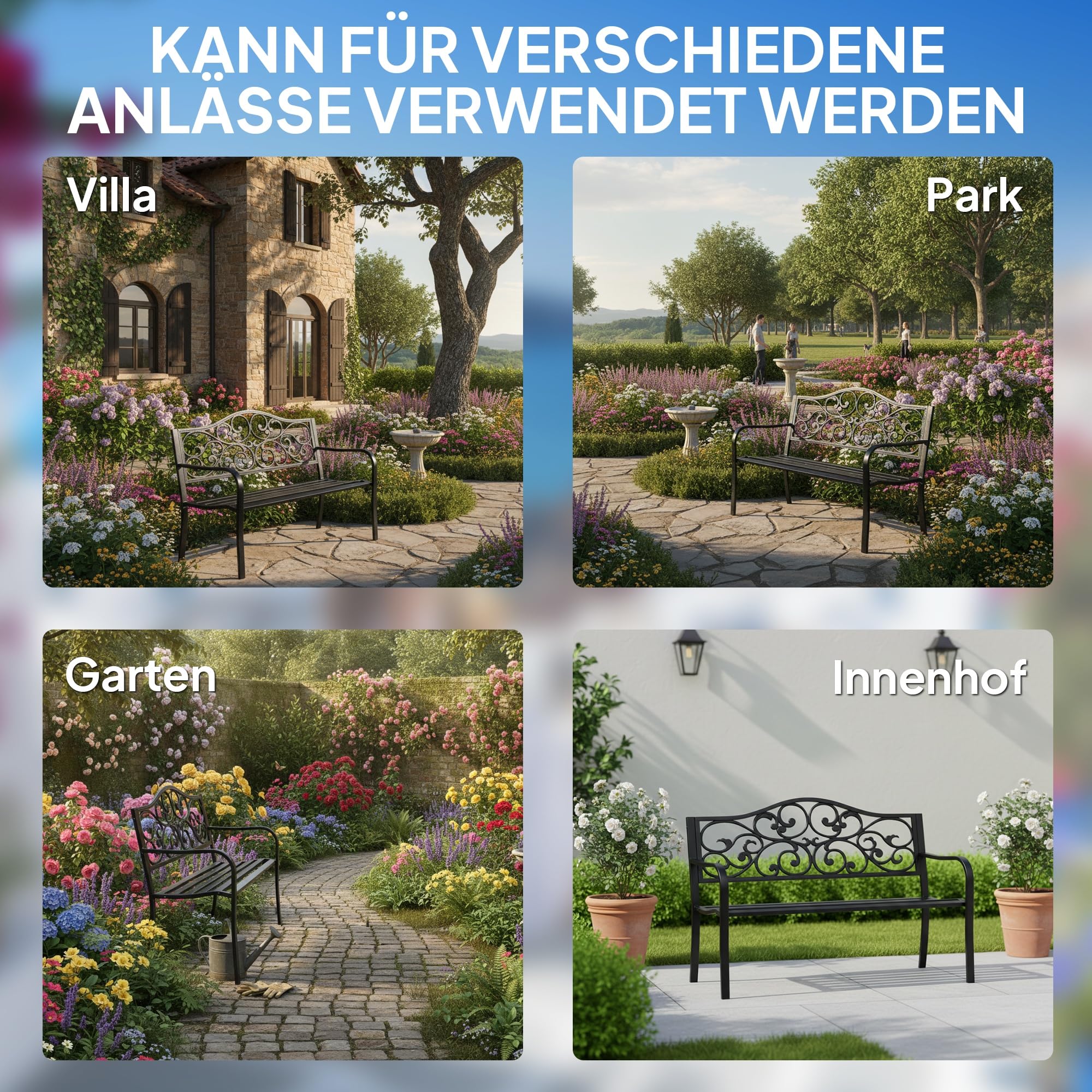 Outsunny 2-Sitzer Gartenbank mit ausziehbarem Tisch 150x58,5x90 cm Schwarz | Parkbank, Sitzbank 240kg Belastbar, Rücken- & Armlehnen, Terrassenbank, Gartenmöbel, für Terrasse, Garten