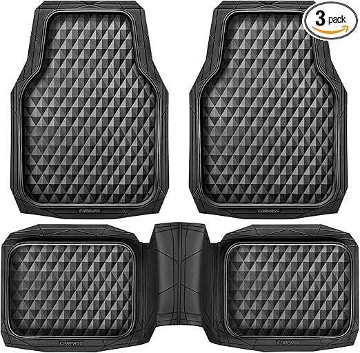 CAR PASS Heavy Duty Rubber Car Mats, Deep Dish All-Weather Floor Mat for Car Full Set Durable Anti-Slip 3D Rhombus Waterproof Trim to Fit Liner Universal Fit Automotive,Sedan,SUV,Truck, 3 Piece Black