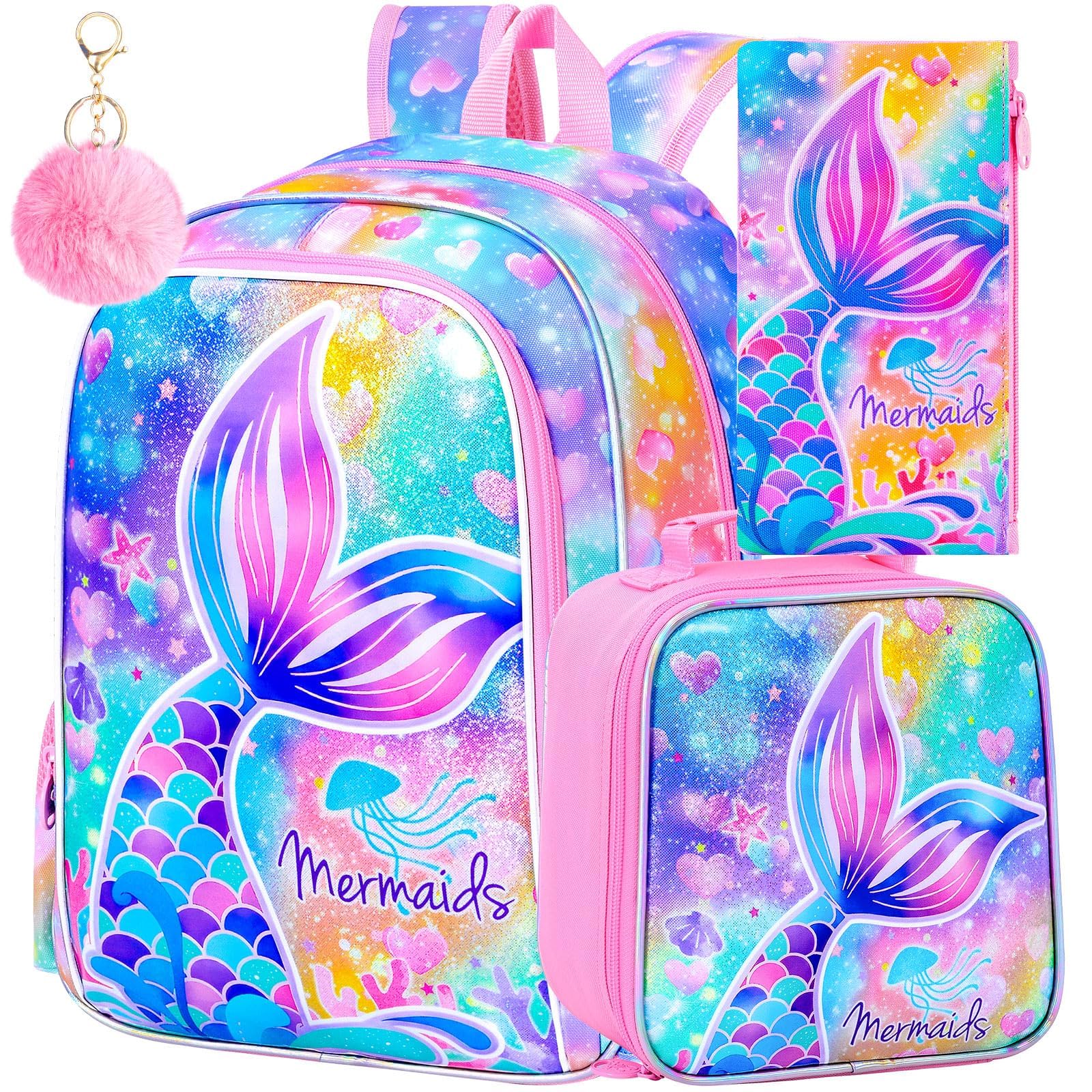 CCJPX 3Pcs Mermaid Backpack for Girls, 16" Kids Fishtail Bookbag with Lunch Box, Cute Water Resistant Schoolbag for Preschool Kindergarten Toddler(Rainbow)