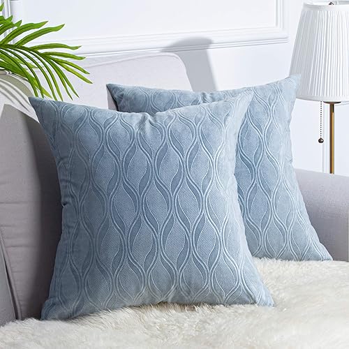 Set of 2 Light Blue Pillows for Couch (Covers ONLY) - Velvet Light Blue Pillows Covers Wave Pattern for Sofas and Couches Pillows, Soft Light Blue Pillow Covers for Couch Pillows 20x20 Inches
