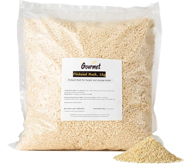 Go Gourmet Pinhead Rusk - Breadcrumbs for Burger Mix and Sausage Making - Binds Easily for Juicy Burgers and Sausages - High Absorption and Minimal Shrinkage - 1kg Bulk Bag Makes 10kg of Sausages