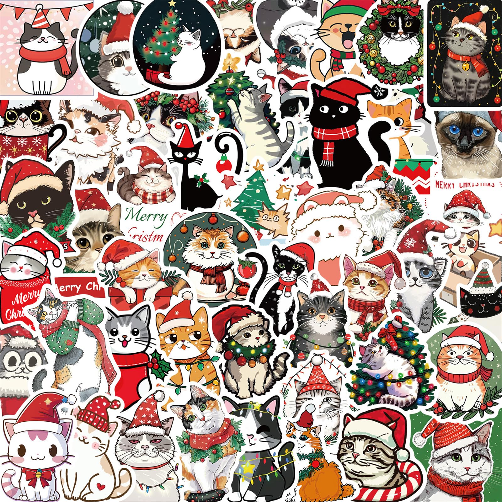 Christmas Cats Stickers 50PCS Kawaii Funny Christmas Cats Toy Stickers for Book Graffiti Waterproof Vinyl Decalsfor Christmas Party Birthday Supplies Decoration Favors