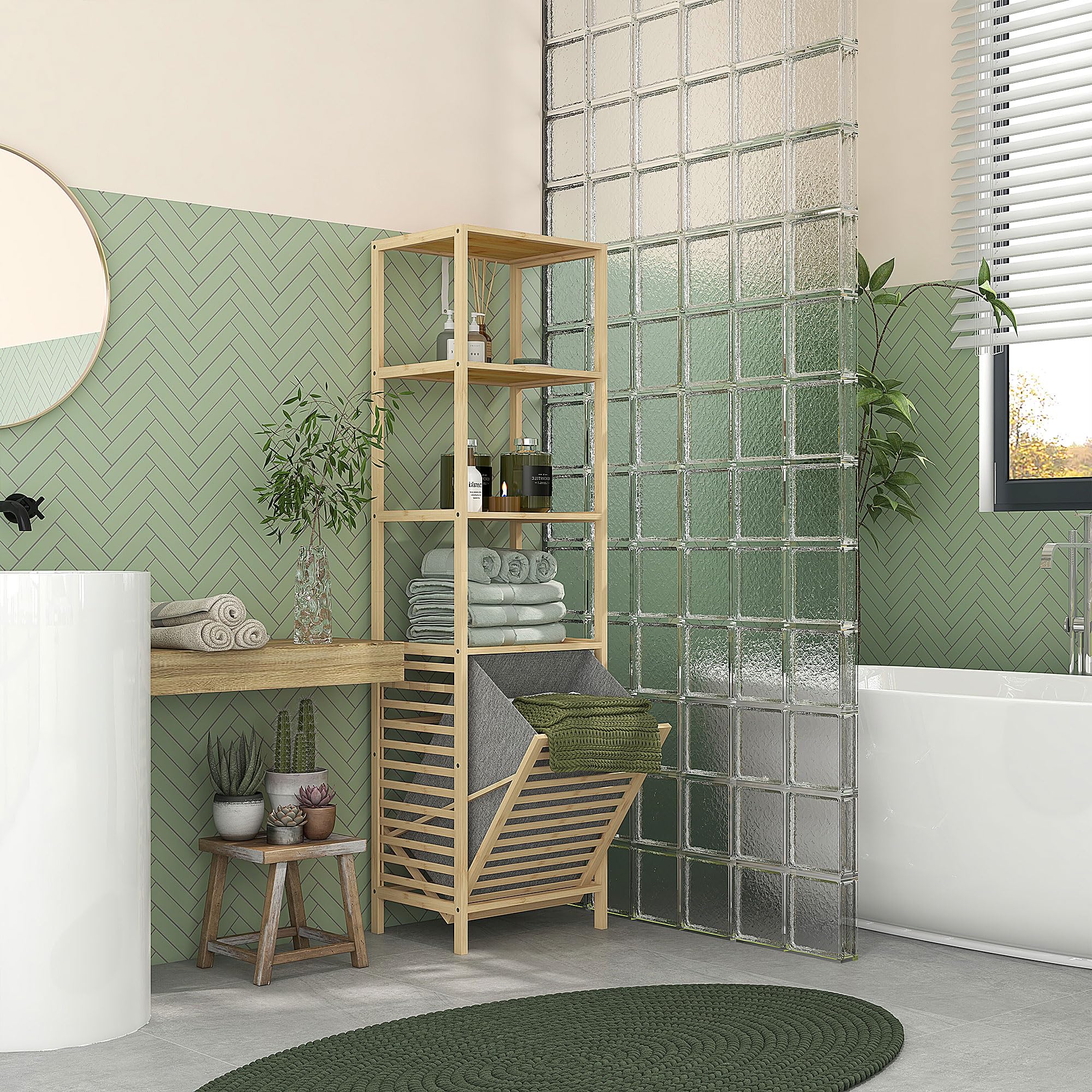 HOMCOM Estantería de Baño de Bambú Estantería de Almacenaje Mueble de Baño con 3 Estantes y 1 Cesto para Ropa Sucia Desmontable 44x33x160 cm Natural