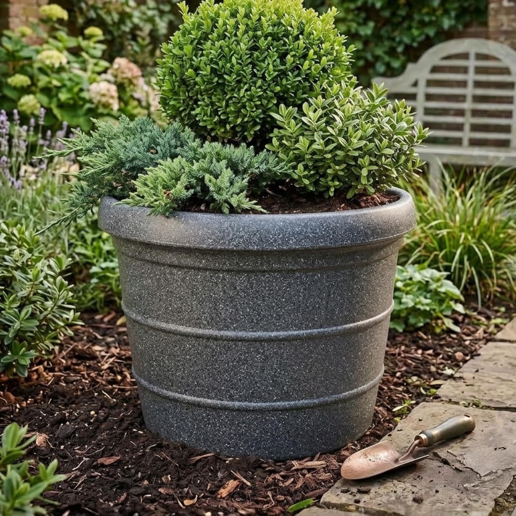 Trifibre 86cm Rotomoulded Large Planter (275L) - Frost-Proof Granite Effect | Heavy-duty classic plastic plant pot with 275L capacity, frost-proof and UV-resistant, ideal for gardens and patios.
