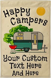 Personalized Camping Garden Sized Flag, Happy Campers and Vintage Travel Trailer Graphic, with 3 Additional Lines of Custom Text, Printed on Tan Fabric, Turquoise Camper
