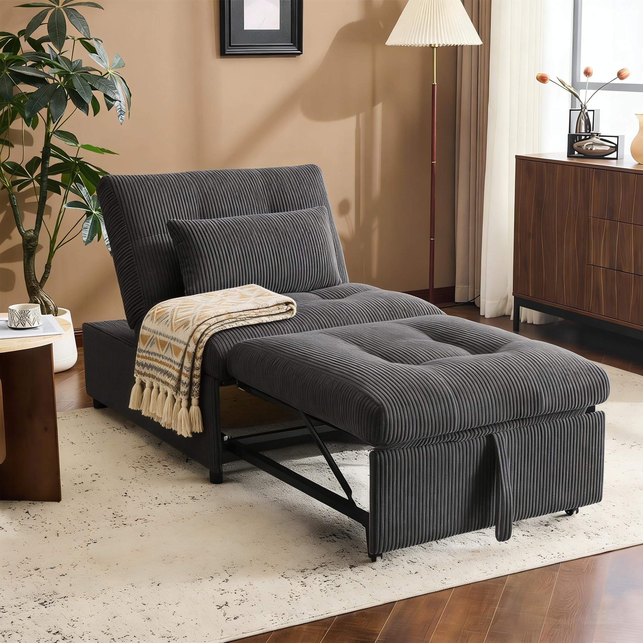 YEEFY 4-in-1 Convertible Sleeper Chair Bed with Adjustable Backrest Pillows Futon Sofa Bed with Side Pocket Sleeper Sofa Chair Pull Out Couches for