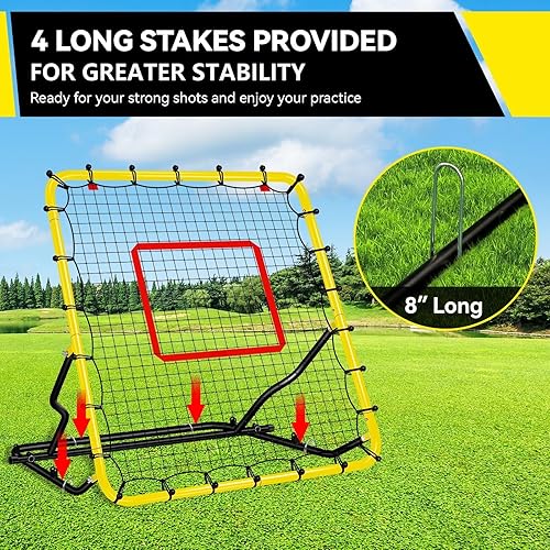 Miniatura 6 de Red de rebote de béisbol de 48 x 52 pulgadas con 3 ángulos ajustables, anti-UV, fácil almacenamiento, entrenador de campo de béisbol con 4 estacas,