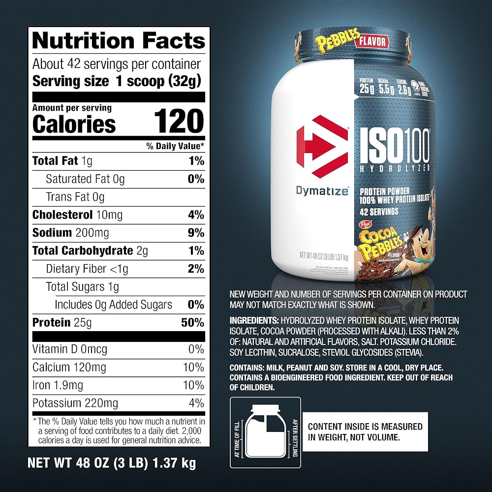 Dymatize x Cocoa Pebbles ISO100 Whey Protein Powder Isolate, 25g of Protein, 5.5g BCAAs, 120 Cal., Gluten Free, 1g Fat, 1g Sugar, 2g Carb (42 Servings)