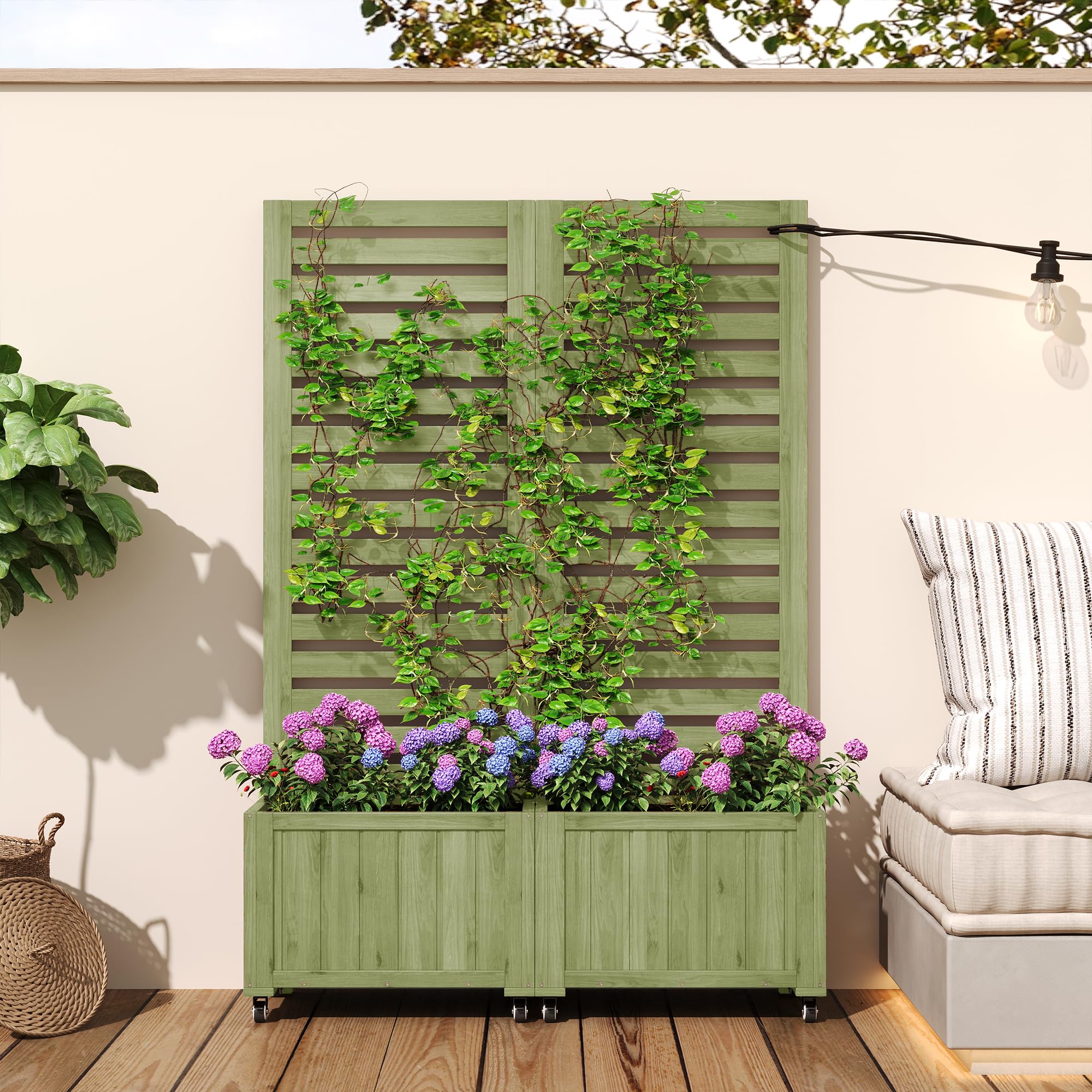 Merax Jardinière avec treillis, 2 grilles de jardin & 2 bacs à plantes, bois de sapin résistant aux intempéries, pliable, avec roues universelles, jardinière d’extérieur pour jardin, terrasse, cour