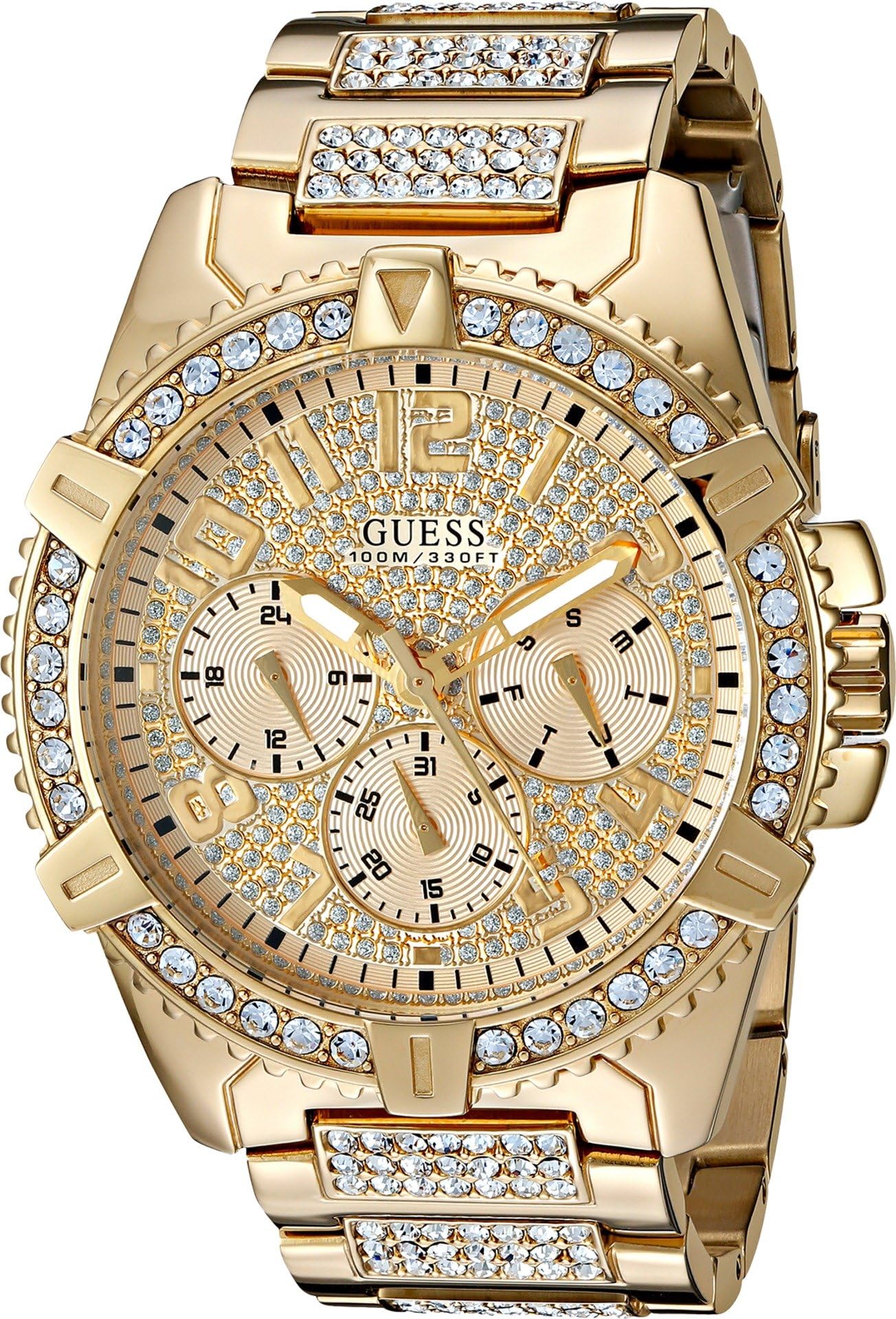 Stainless Steel Gold-Tone Crystal Embellished Bracelet Watch with Day
