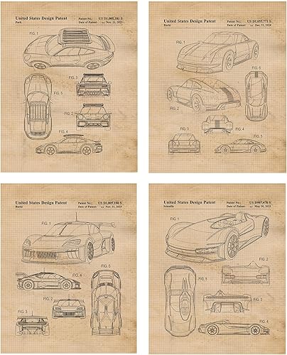Classic Auto Patent Prints, 4 (8x10) Unframed Photos, Wall Art Decor Gift for Home Office Man Cave Porsche Workshop Garage College Engineer Student