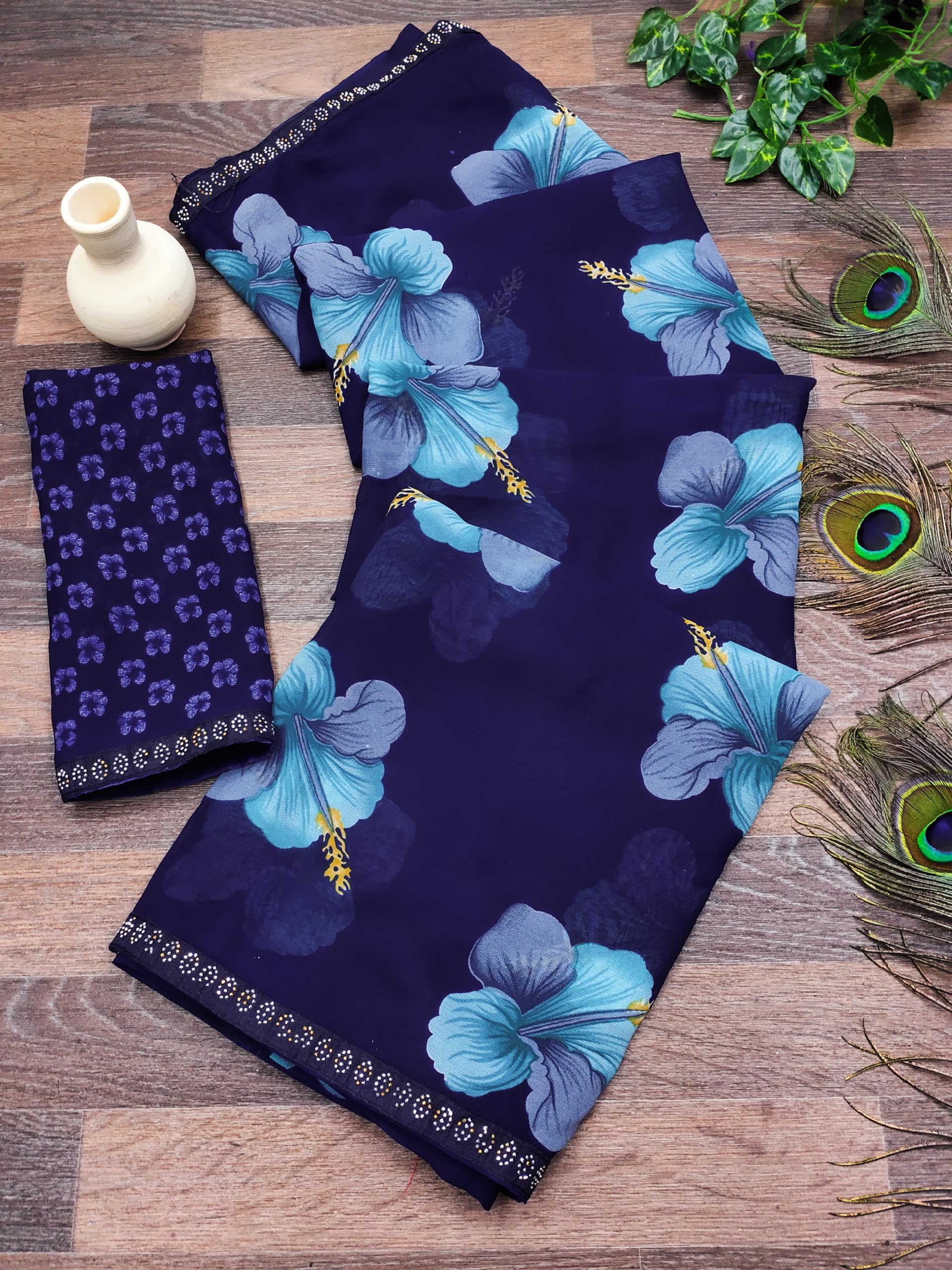 Women's Printed Georgette Diamond Lace Border Saree With Unstitched Blouse Piece-image-9