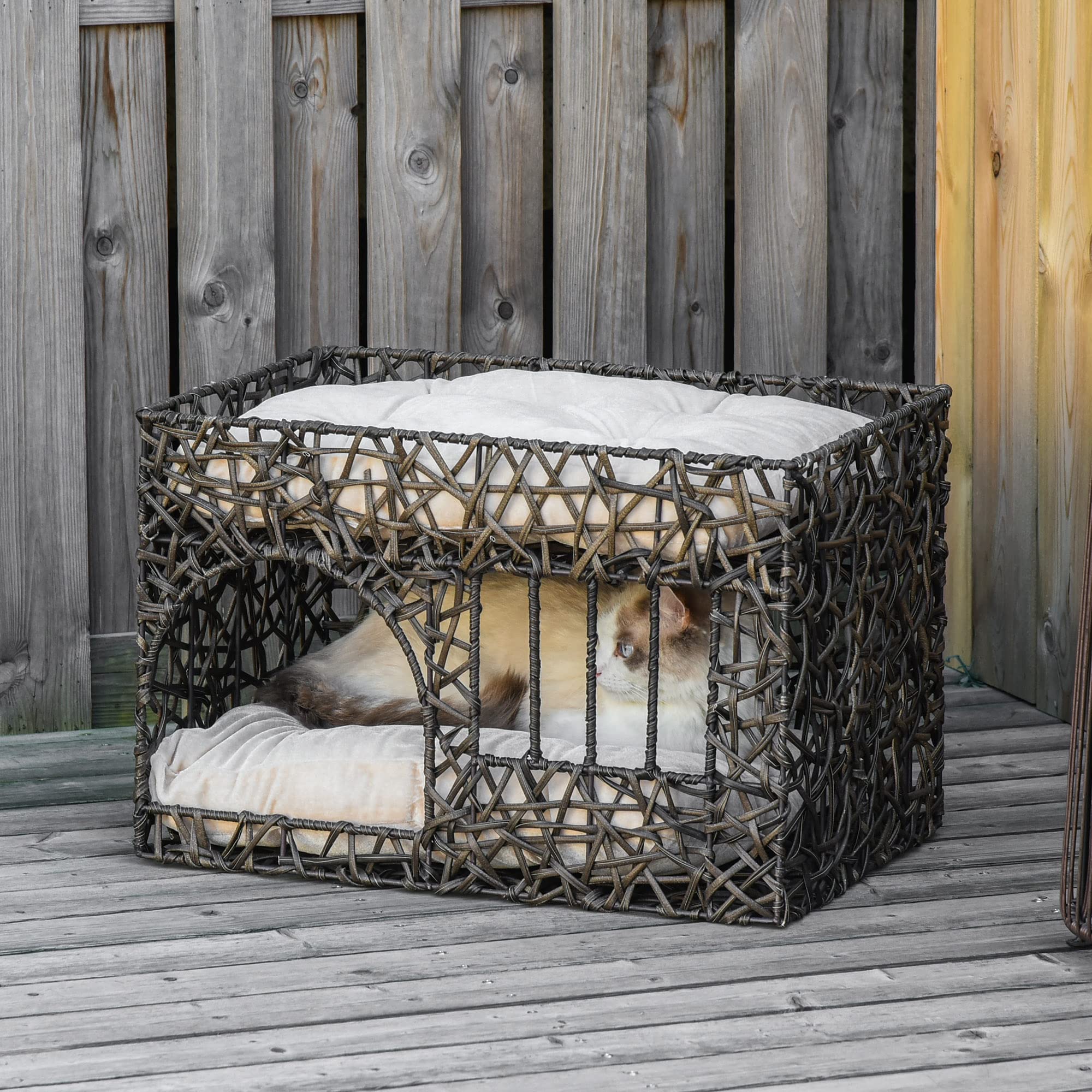 PawHut Cesta de Ratán para Gatos con 2 Cojines 56x41x45 cm Café Oscuro | Suaves, Ventana de 2 Alturas, Cama Cueva de Gatos